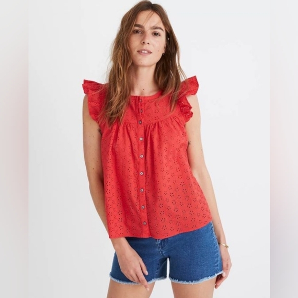 🍒 Madewell Red Eyelet Ruffle-Sleeve Bib Top . Size XXS - Picture 3 of 16